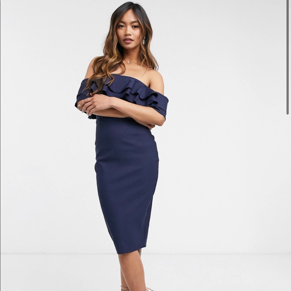 ASOS Vesper Off-Shoulder Midi Dress in Navy